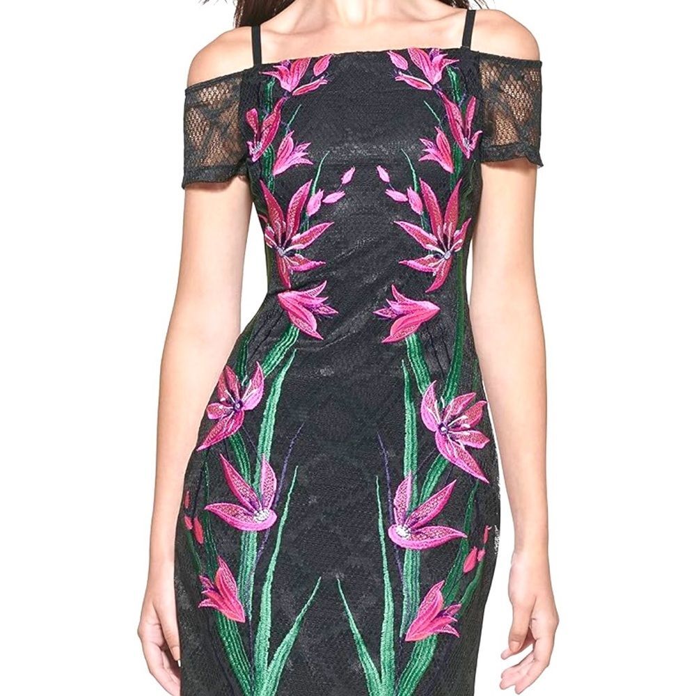 Guess Sexy Off-The-Shoulder Gorgeous Embroidered Tropical Floral Dress 10 NEW - Picture 2 of 8